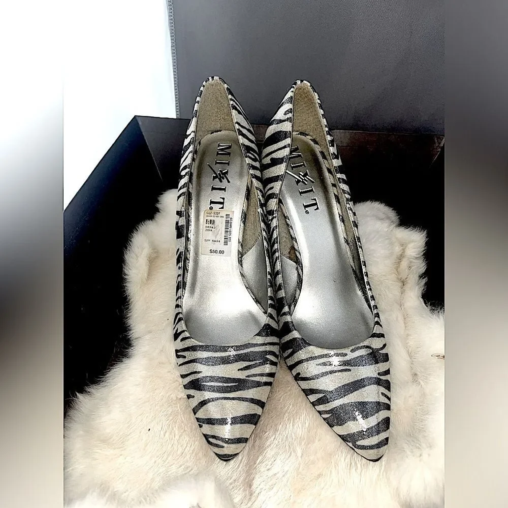 Zebra Glitter Y2K Pointed Toe Animal Print Heels Sz 8.5 M